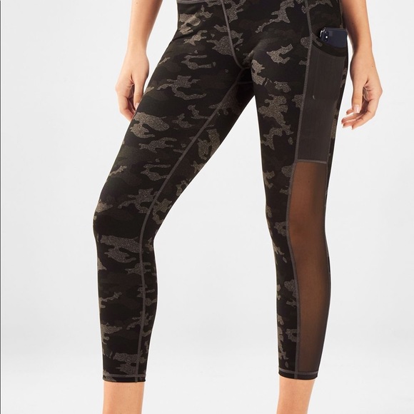 FABLETICS High Waisted PowerHold Charcoal Heather Camo Leggings Side Mesh Size L - Picture 2 of 13